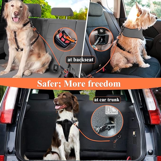 VIVAGLORY Dog Seat Belt Tuffbelt Dog Car Harness, Seatbelt with Clip & Hook for Car Travel, Chew Proof Anti Chew Unchewable Metal Safety Tether Restraint, M, Orange