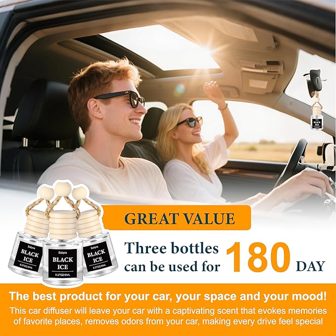 Hanging Car Air Freshener (Pack of 3) : Luxury Car Perfume for Women Men | Cute & Reusable Bottle with 45+ Days Long-Lasting Fragrance Oil Diffuser, Black ice