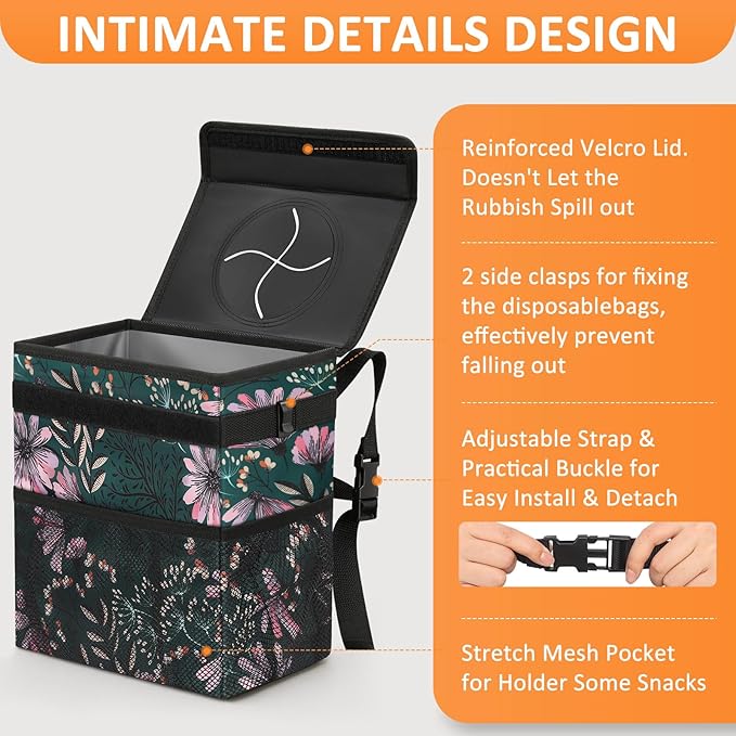 3 Gallons Car Trash Can with Lid, Car Trash Bag Bin Hanging Waterproof Automotive Garbage Cans Leak Proof Vehicle Trash Can Navy Floral