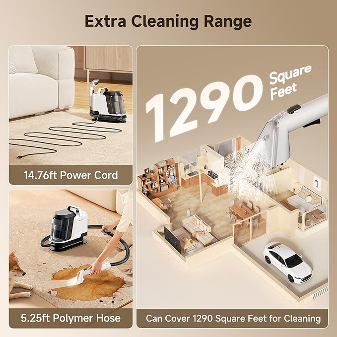 uwant Portable Carpet and Upholstery for Deep Cleaner, 18Kpa Carpet Cleaner Machine for Cars, Pets with Cleaning Tool and Self Cleaning Set of 1 for Spot, Rug, Couch