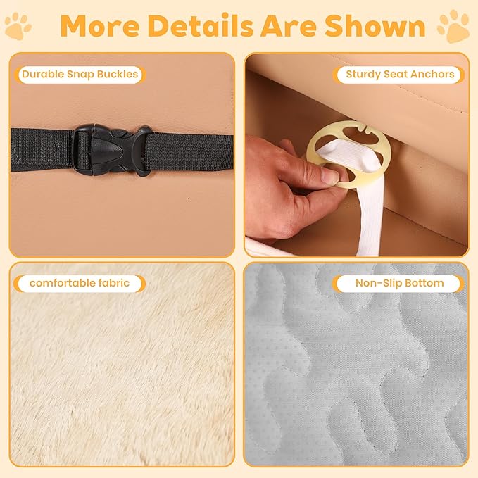 Dog Car Seat Cover for Back Seat & Front Seat, Plush Faux Fur Pet Car Seat Protector with Waterproof Layer, Non-Slip Bottom, Side Flaps, Machine Washable (Back Seat Beige)