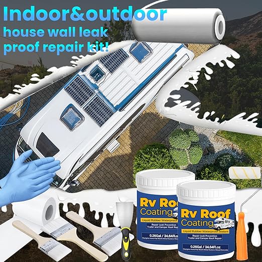0.52Gal/69.28Fl.oz Liquid Rubber Rv Roof Coating White Waterproof Sealant Camper Roof Repair Solar Reflective Wooden Brush Putty Knife Nitrile Gloves Paint Roller Drywall Repair Tape
