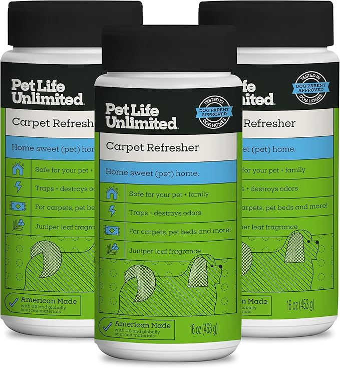 Pet Life Unlimited Carpet Deodorizer Powder, 16 oz, Strong Pet Odor Eliminator & Carpet Freshener, Plant-Based Juniper Leaf Scent, Pet Safe (Pack of 3)