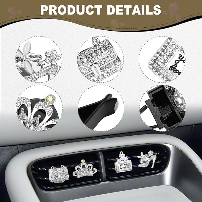 4PCS Bling Air Freshener Vent Clip, Crystal Rhinestone Heels Bag Crown Perfume Bottle Dashboard Air Vent Trim Clips, Cars Accessories Interior Decor (Sliver)