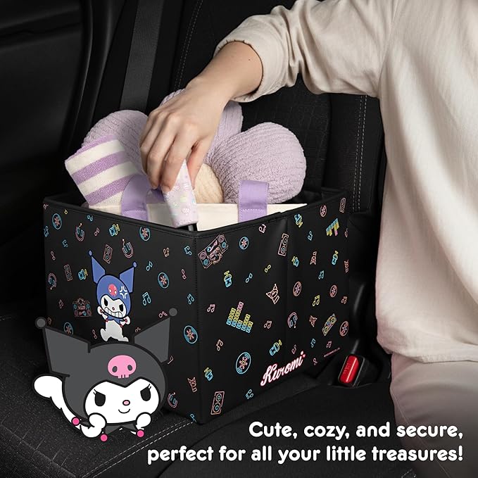 Sanrio Kuromi Car Trunk Organizer & Steering Wheel Cover Set – Cute, Non-Slip, Soft Grip Car Accessories for Women – Collapsible Storage Bin for Groceries, Tools & Travel – 12.5"L x 12.5"W x 9"H