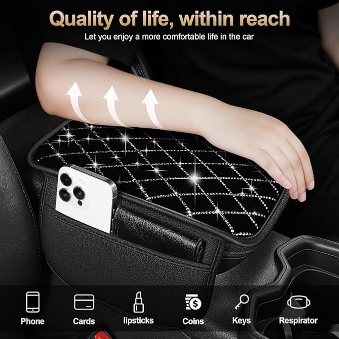 Bling Center Console Cover with 2 Side Pockets Fit for 4Runner Multi-Functional Car Armrest Cushion Diamond-Studded Rhombus Pattern Style(Black&Silver Diamond)