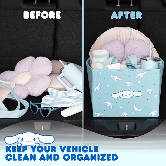 Sanrio Cinnamoroll Car Trunk Organizer and Storage Bin - Collapsible Simple Compartment Convenient Heavy Duty, Fold Up for Easy Storage Box, Automotive Seat Cargo Groceries Tools - 12.5L x 12.5W x 9H