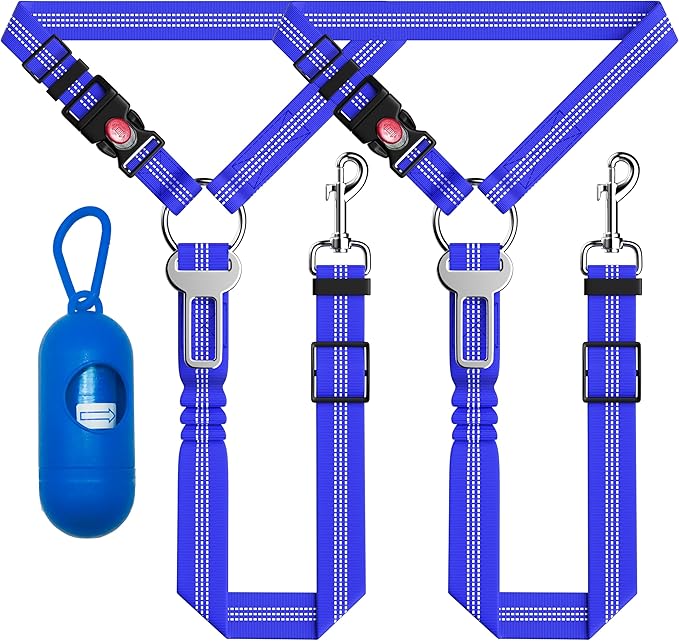Dog Car Seat Belt - 3 Piece Set Retractable Harness, Adjustable Reflective Seatbelt for Vehicle Headrests, Safety Restraint Heavy Duty & High Elastics, Navy Blue