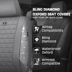 CAR PASS Gray Oxford Bling Diamond Car Seat Covers Full Set Interior Sets, Waterproof Shining Glitter Sparkly Crystal Universal Armrest Fit 95% Automotive Truck SUV Cute Women Girl, Gray Rhinestone