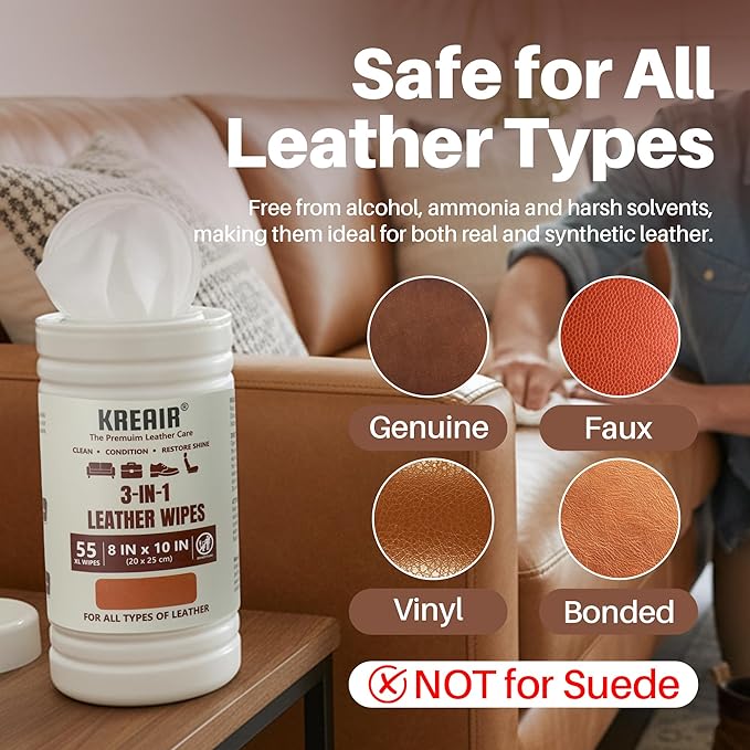3in1 Leather Cleaning Wipes 110 Count, Clean, Condition & Restore Shine, XL 8"x10" Extra-Large Wipes for Car Seats, Shoes, Furniture & Bags, For All Types of Leather, Non-Linting, Easy-Pull Lid
