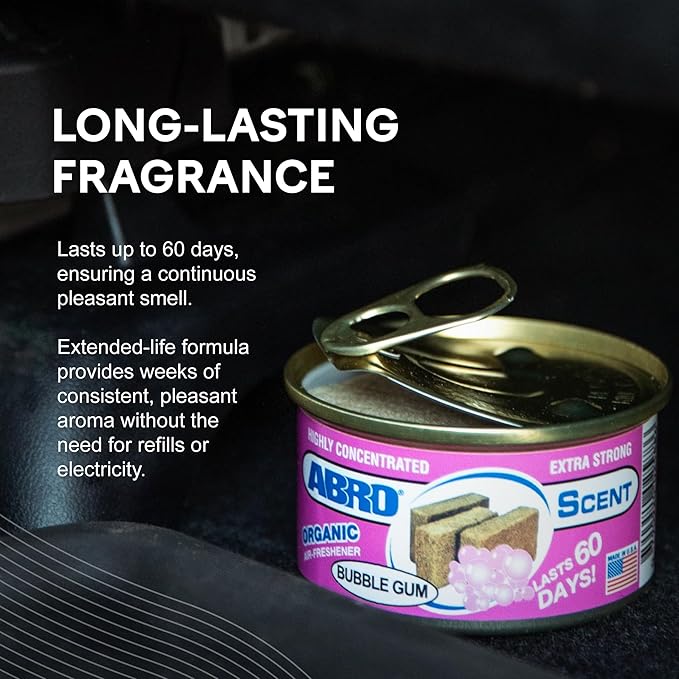 ABRO Car Air Fresheners: Canned, Spill Proof Airfreshener for Home, Office, or Car Accessories Interior, Lasts Up to 60 Days - 3 Pack Bubble Gum Scent