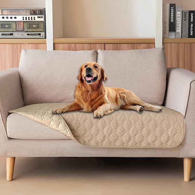 gogobunny 3X Stronger Waterproof Pet Blanket, Scratch Proof Furniture Protector for Dogs Cats, Reversible Cover 32x53 Inch, Dark Beige