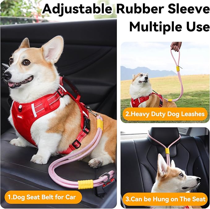 2-in-1 Dog Car Seatbelt Leash & Walking Lead - Heavy Duty 70CM Nylon Rope Leash with Secure Vehicle Buckle for Small Medium Large Dogs, for Travel, Walking, Training