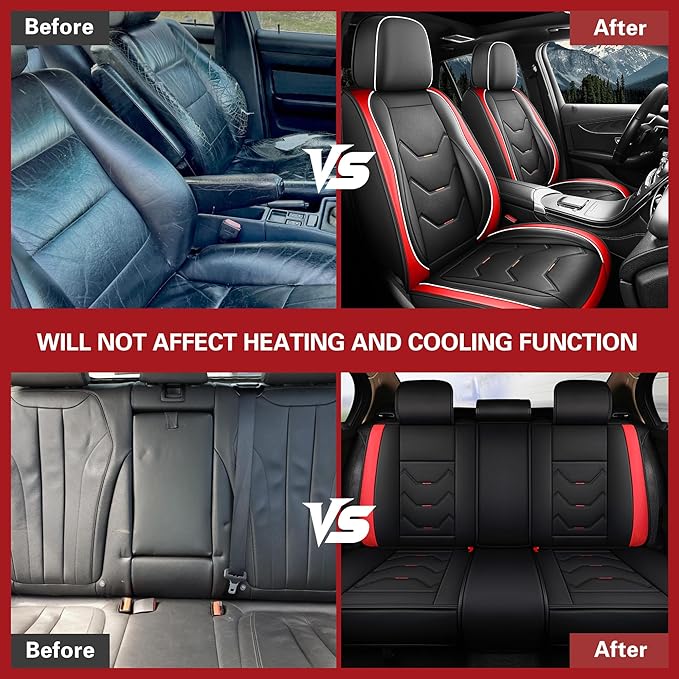 otoez Car Seat Covers Full Set, 5 Seats Leather Seat Cover for Car, Black Automotive Front and Back Seat Cushion Protector Waterproof and Non-Slip for Most Sedens Trucks SUVs, Black & Red