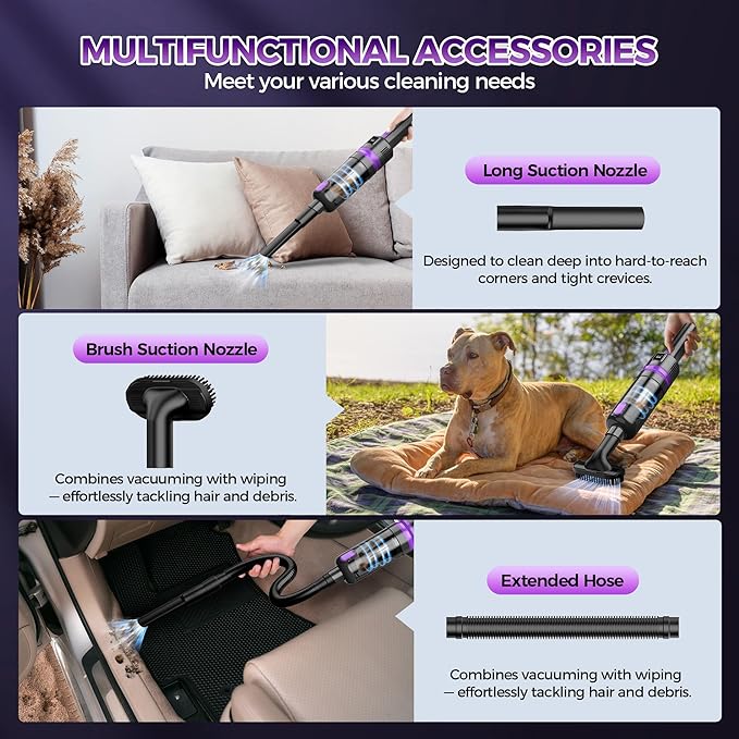 Handheld Vacuum Cordless Rechargeable 2-Speed Modes| 3-in-1 Portable Cordless Vacuum Cleaner with Charging Dock, for Car Home Office and Pet Hair (Purple)