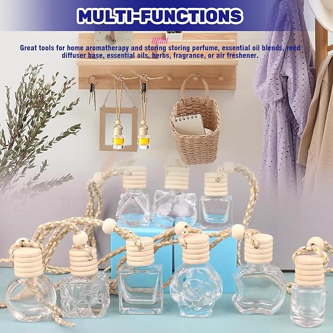 30 Pcs Clear Glass Car Air Freshener Diffuser with Wooden Caps & Hanging String, Empty Essential Oil Bottles Aromatherapy Fragrance Perfume Vials Holder for Car Decor