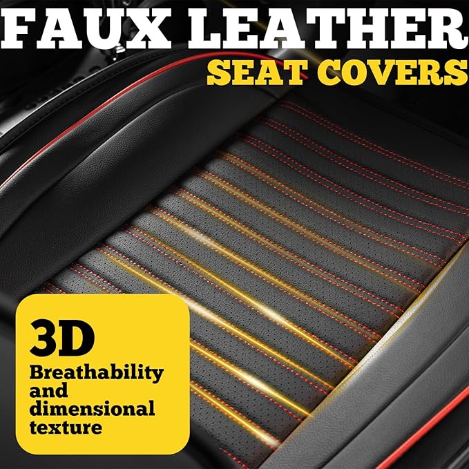 LINGVIDO Full Set Car Seat Covers, Faux Nappa Leather, Airbag Compatible and Waterproof Protectors for Sedans SUVs, Breathable Interior for Active Families, Pets, and Commuters (5 Seats, Black/Red)