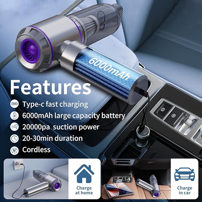 Car Vacuum Cleaner High Power 20000Pa – Cordless Handheld Mini Vacuum & Air Duster for Car & Desk, Home, Office & Camping, Ideal Gift for Men & Women, 6000mAh Battery