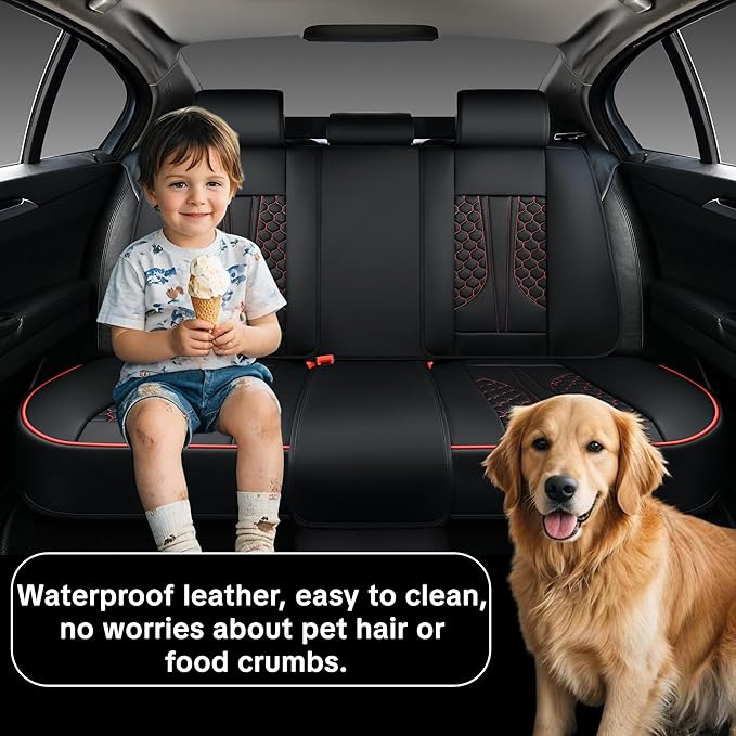 Universal Car Seat Covers, Black with Red Trim, Premium Nappa Leather, with Lumbar Support, Waterproof, Full Set, Non-Slip, Contoured Fit, Airbag Compatible, Fits Suvs, Sedans, Pickup Trucks