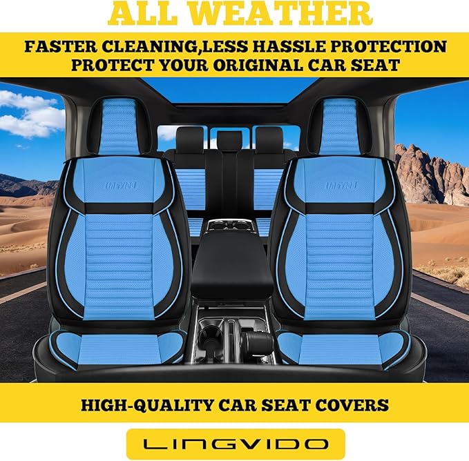 LINGVIDO Full Set Car Seat Covers, Faux Nappa Leather, Airbag Compatible and Waterproof Protectors for Sedans SUVs, Breathable Interior for Active Families, Pets, and Commuters (5 Seats, Black/Blue)
