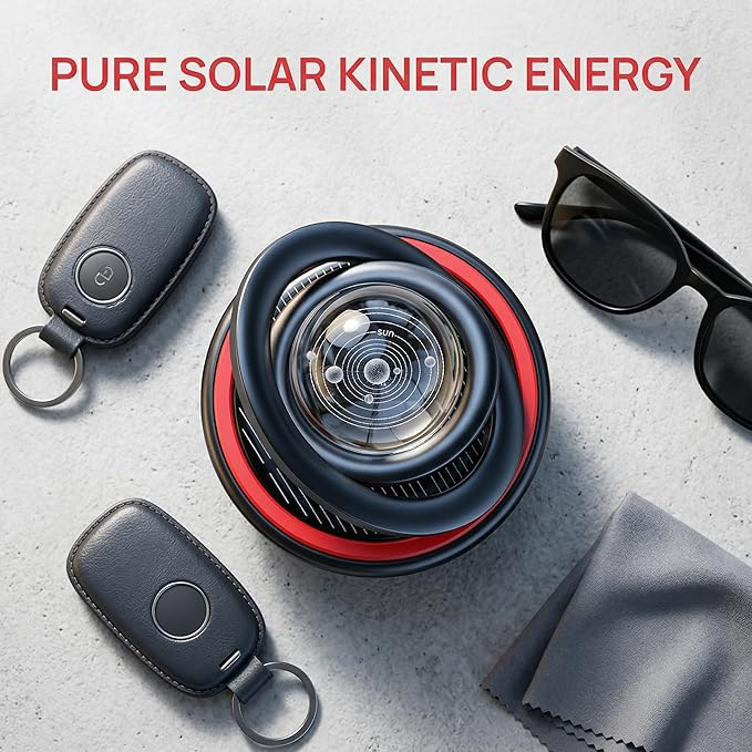 Petraero Solar Levitating Car Ornament & Air Freshener – Dual-Ring Auto-Rotating Aromatherapy Diffuser, Light-Sensing LED, Cool Dashboard Decor for Car/Truck/Desk (black)