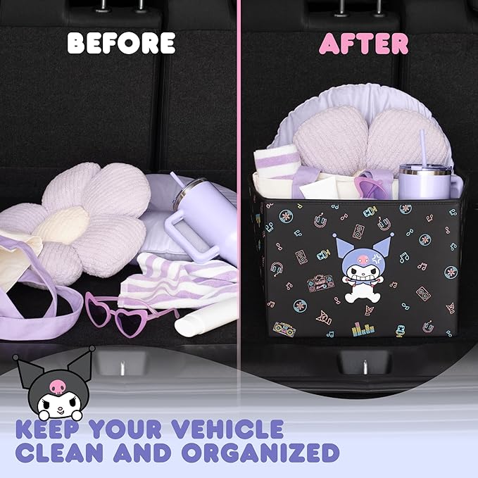 Sanrio Kuromi Car Trunk Organizer and Storage Bin - Collapsible Simple Compartment Convenient Heavy Duty, Fold Up for Easy Storage Box, Automotive Seat Cargo for Groceries Tools - 12.5L x 12.5W x 9H