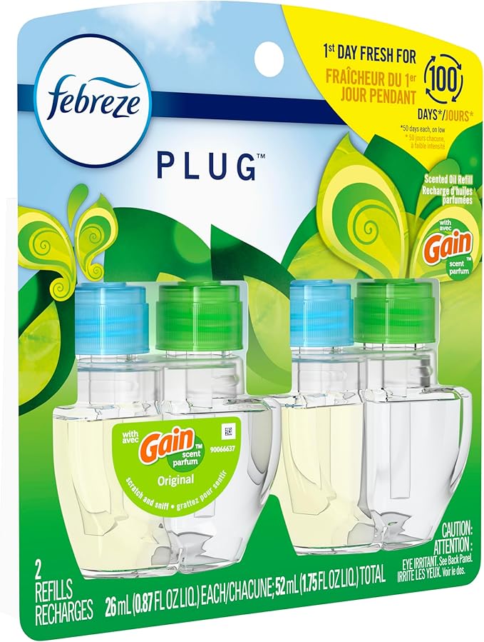 Febreze Plug in Air Freshener and Odor Eliminator, Scented Oil Refill, Gain Original Scent, 0.87 Fl Oz (Pack of 2)