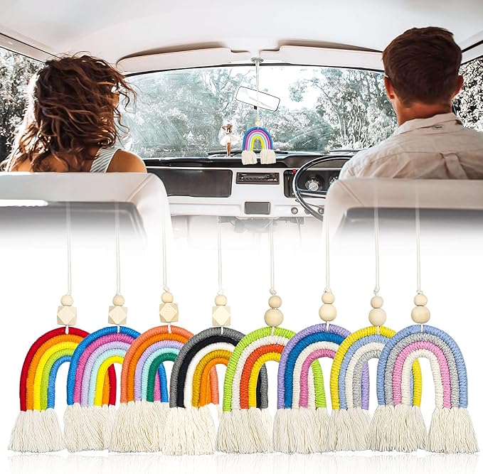 8 Pcs Boho Rainbow Car Charm Macrame, Cute Bohemian Handmade Woven Wooden Beads, Diffuser, Colorful Accessories Hanging Air Fresheners Decor