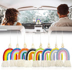 8 Pcs Boho Rainbow Car Charm Macrame, Cute Bohemian Handmade Woven Wooden Beads, Diffuser, Colorful Accessories Hanging Air Fresheners Decor