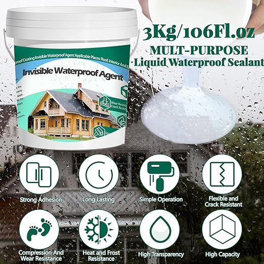 3Kg/106Fl.oz Invisible Waterproof Agent Indoor&Outdoor Waterproof Coating Set Transparent Liquid Sealant with Wooden Brush Resistant Work Gloves Putty Knife Cut Paint Roller