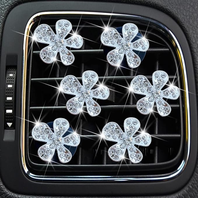 6 Pcs Black Daisy Air Vent Clips, Cute Flower Car Air Fresheners Vents Clips Diamond Vent Clip Car Interior Decor Charm Bling Accessories Decoration for Women (silvery, 2)