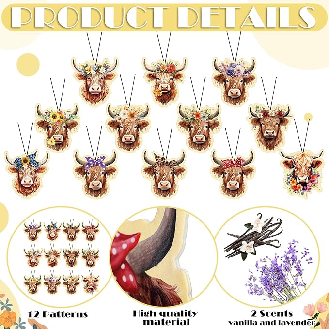 12 Pcs Highland Cow Air Fresheners Cute Cow Car Accessories Gifts Car Fresheners for Women Hanging Ornament for Vehicles Home Decorations Party Supplies