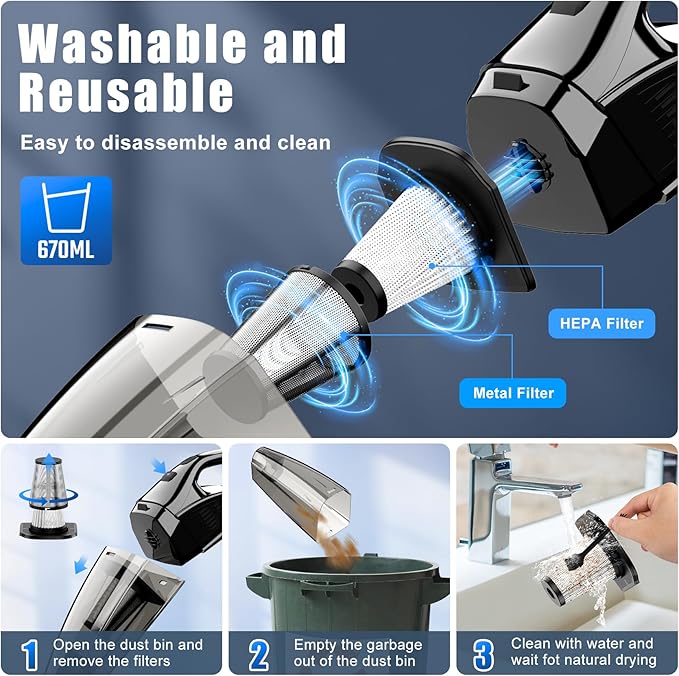 Handheld Vacuum Cordless Rechargeable Portable Car Vacuum, 7500Pa Powerful Suction Mini Hand Held Vacuum, 670ML Cup Lightweight Small Vacuum Cleaner for Car/Office/Home, Pet Hair