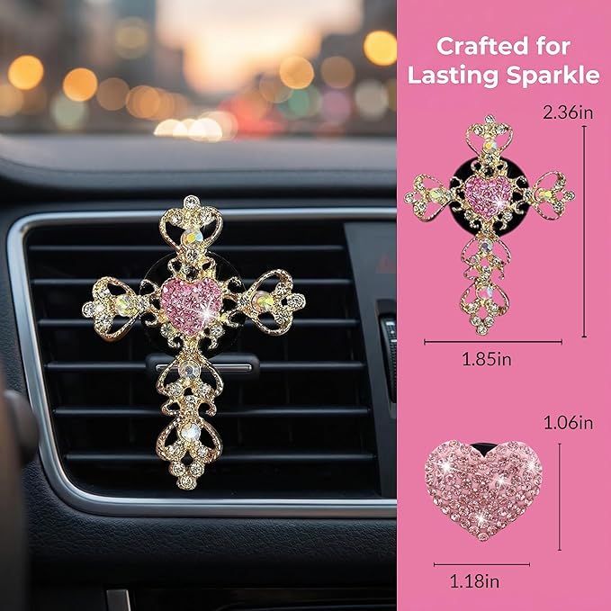 4Pcs Cute Car Vent Clips for Women Pink Bling Air Fresheners with Cross and Heart Y2K Luxury Car Accessories Couture Style Decorations Girly Clip Decor Freshener for Girls