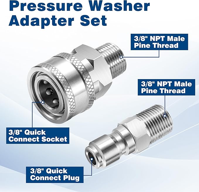 3/8 Inch NPT Pressure Washer Adapter Set, 12-Piece Stainless Steel External Thread Quick Connector Kit - 3/8" NPT Male Thread Quick Connect Hose Fittings, 5000 PSI
