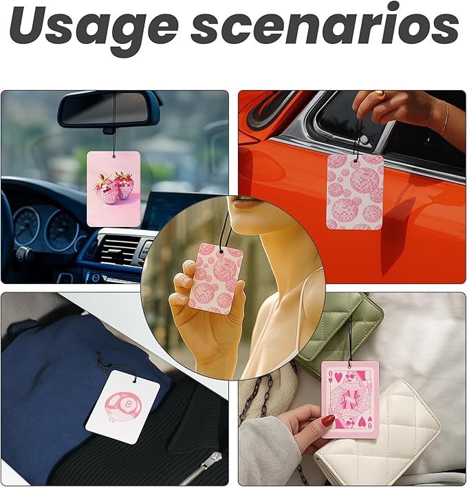 Trendy Pink Disco Strawberry Car Air Freshener 4 Pcs - Preppy Disco Strawberry Lucky 8 Ball Queen Card Hanging Air Freshener for Cars Closet Drawer Books, Girly Car Accessories Mirror Decor for Women