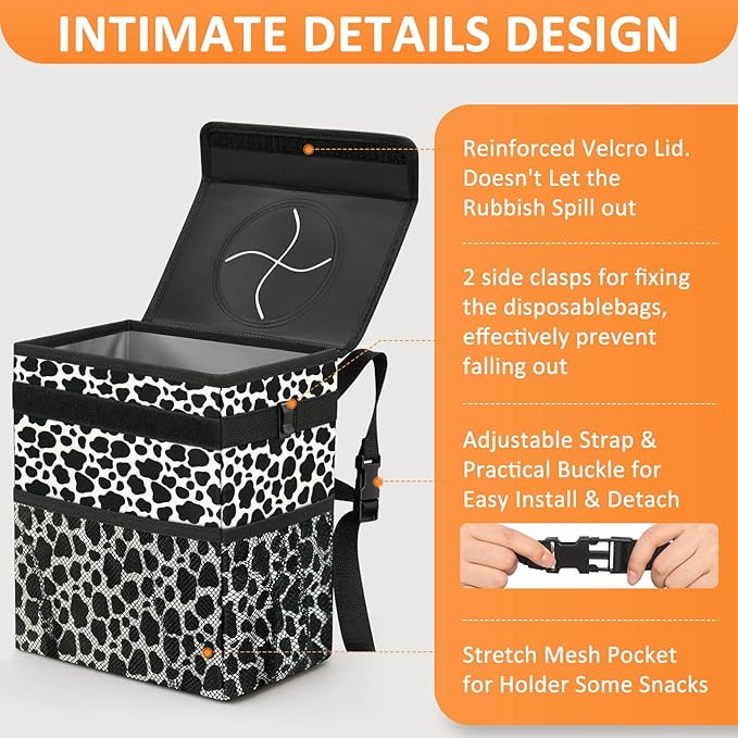Car Trash Can for Car Cute,Bag Bin Hanging Waterproof Automotive Garbage Cans Leak Proof Vehicle Trash Can Cow Print