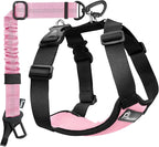 Pawaboo Dog Seat Belt Harness for Car, Dog Car Harness Seatbelt with Double Clips, Adjustable Breathable Pet Vest & Dogs Safety Tether with Elastic Bungee for Small Medium Large Pet, XL, Pink + Black