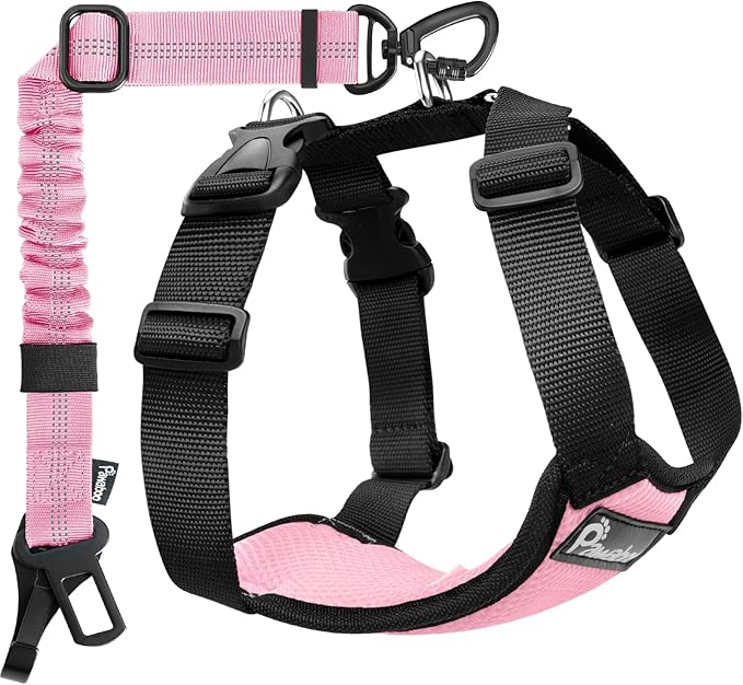 Pawaboo Dog Seat Belt Harness for Car, Dog Car Harness Seatbelt with Double Clips, Adjustable Breathable Pet Vest & Dogs Safety Tether with Elastic Bungee for Small Medium Large Pet, XL, Pink + Black