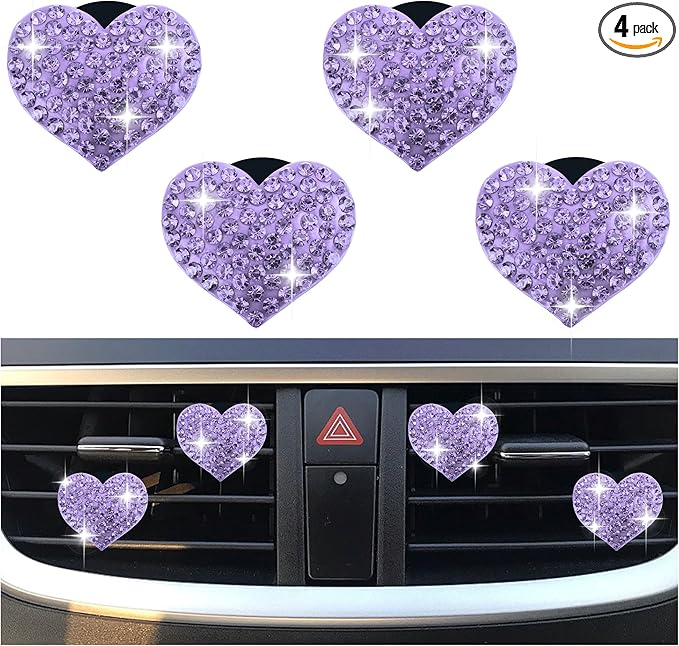 4PCS Heart-Shaped Car Vent Clips with Rhinestone,Bling Air Vent Clips Car Decorations,Premium Shiny Car Clips for Vents Accessories Interior (Purple)