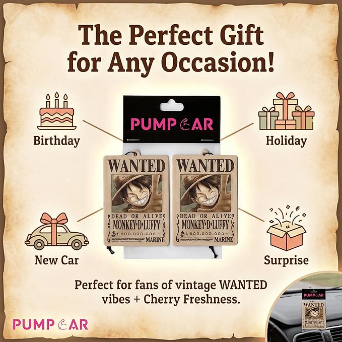 PumpCar 2 pieces Wanted Luffy double-sided hanging Japanese anime cherry-scented One Piece car air freshener for rearview mirror Car Interior Accessories Household Gifts Cool Household Gifts