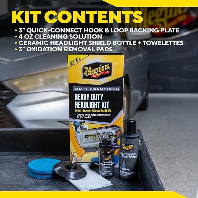 Meguiar's Heavy Duty Headlight Kit,This Headlight Restoration Kit Includes Headlight Cleaner, Ceramic Protection, Drill Backing Plate, Pads, & Towelettes, 18 Plus Months of Protection, Car Care Kit