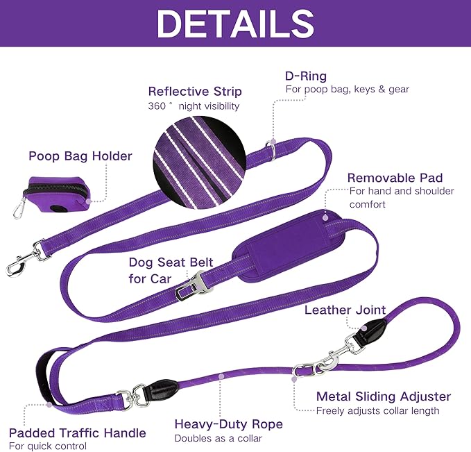 10FT Hands Free Dog Leash for Small Medium Large Dogs, Heavy Duty Reflective Dog Leash with Traffic Handle, Seat Belt Buckle & Poop Bag Holder (Purple)