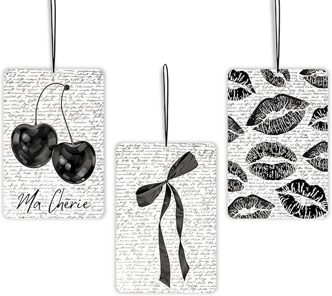 Retro Black Coquette Bow Lavender Car Air Freshener 3 Pcs, Cute Girly Cherry Ribbon Lips Air Freshener Hanging Decor for Cars Closet Drawer Books, Vintage Accessories Gifts for Women Girls