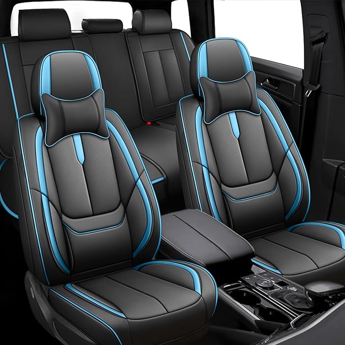 Fit for 98% of Mercedes Benz Car Seat Covers with Headrests, Premium Nappa Leather Seat Cover, Fully Wrapped Protect Modern Style Seat Cover (5-Seat Luxury, Black & Blue)
