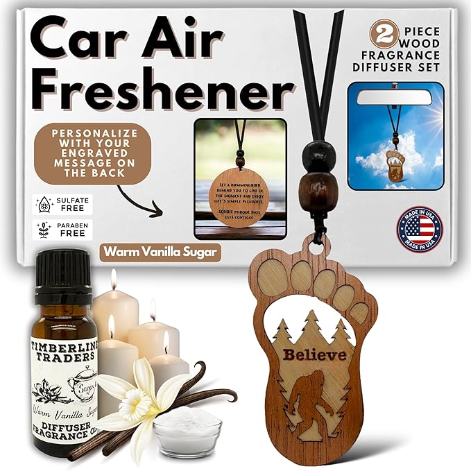 Personalized Car Air Freshener, Wood Diffuser and Fragrance Oil Set, Custom Message, Rearview Mirror Charm, Bigfoot Believe, Sasquatch, Auto Accessory for Men or Women (Warm Vanilla Sugar)