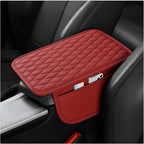 Car Center Console Cover, Leather Vehicle Armrest Seat Box Cushion Pad with Storage Bags, Waterproof Automotive Middle Console Protector, Universal for SUV RV Truck (Wine Red)
