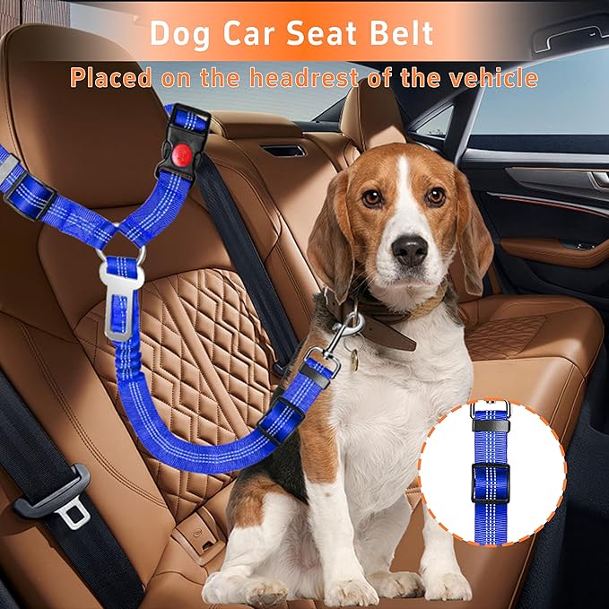 Dog Car Seat Belt - 3 Piece Set Retractable Harness, Adjustable Reflective Seatbelt for Vehicle Headrests, Safety Restraint Heavy Duty & High Elastics, Navy Blue