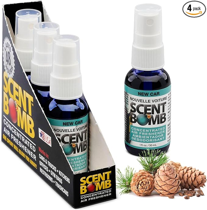 Scent Bomb Air Freshener Spray, Long-Lasting Odor Eliminator - Effective Deodorizer for Home & Car, Fresh Room Spray for Kitchen, Bathroom & Smell Neutralizer - 1 oz Pack of 4, New Car Scent