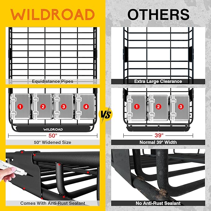 WILDROAD Roof Rack Cargo Basket, Upgraded 4” Fence Wide Car Roof Basket, 84"x 50"x 4" Universal Car Top Carrier Basket with Super Duty Bungee Cargo Net and Ratchet Straps Fits for SUV Truck Cars